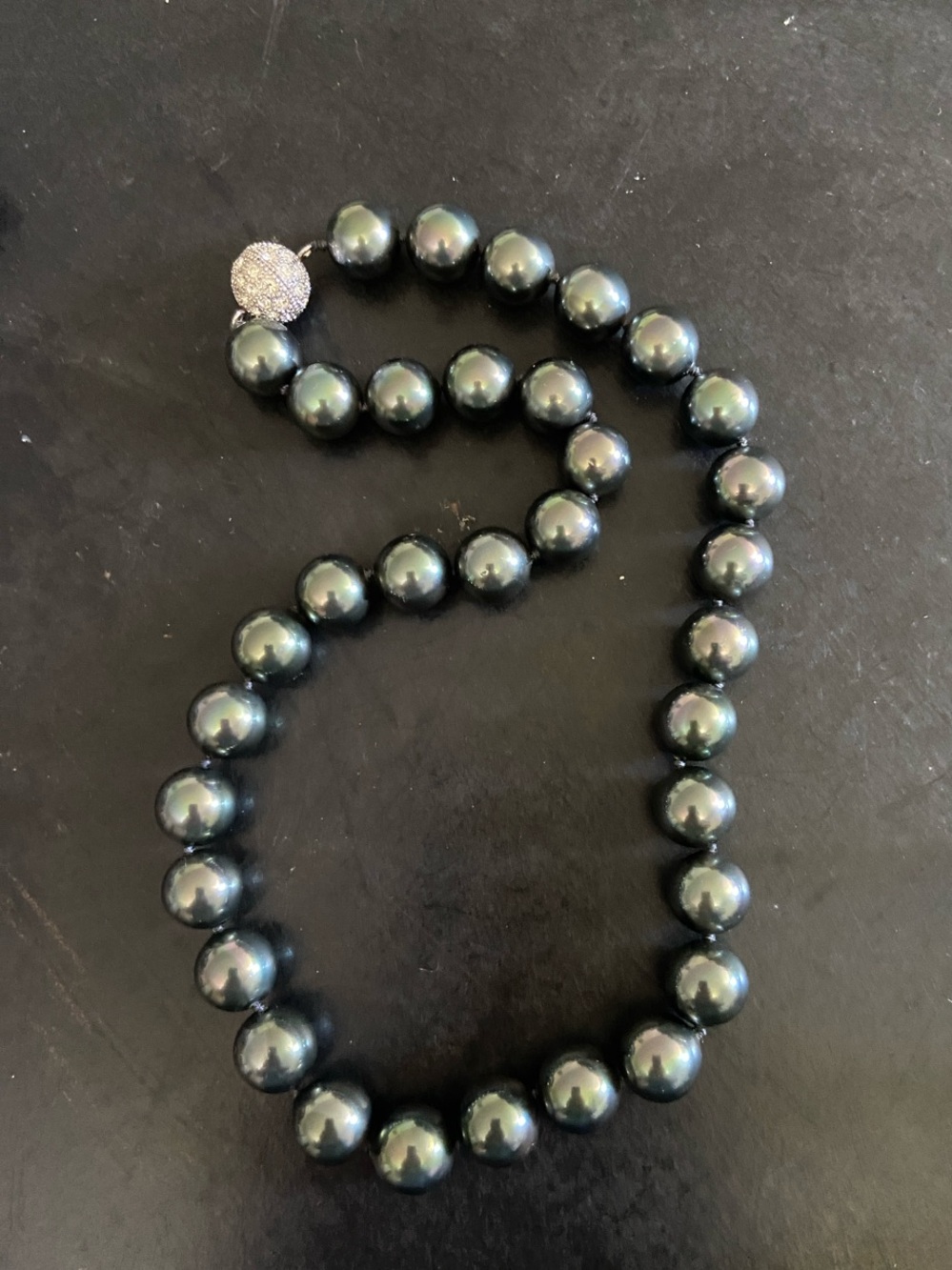Vintage Classic Black 9mm Knotted Glass Pearl Strand Necklace with Pavé Clasp